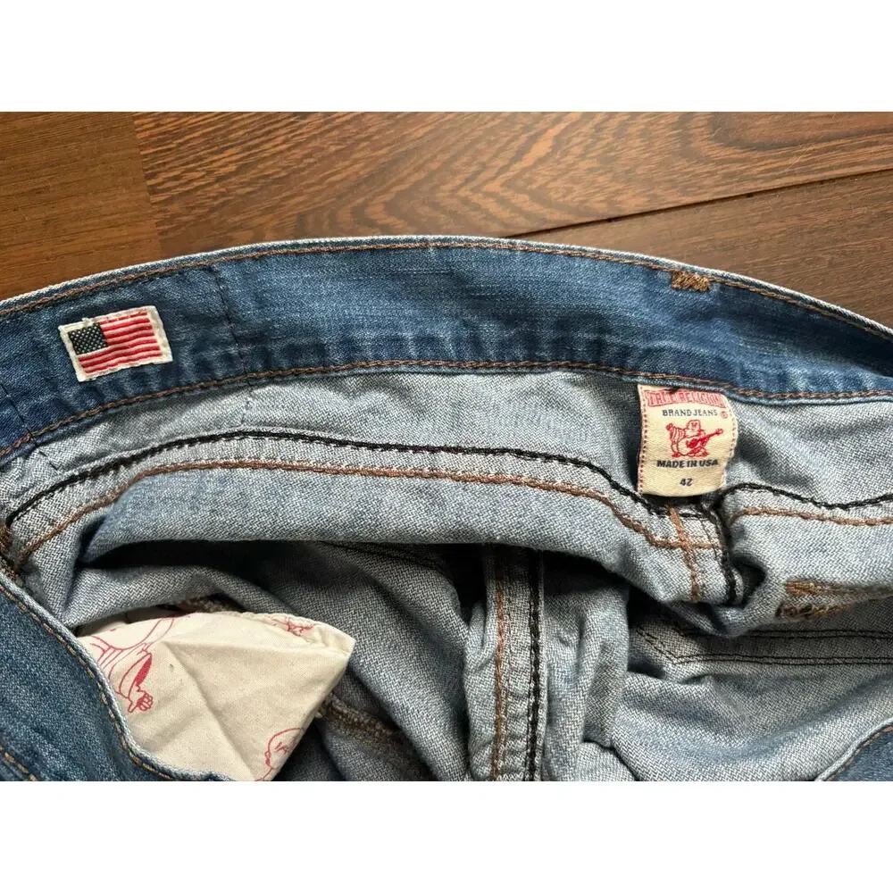 Vtg True Religion Big T Jeans 42x35 Faded Light Blue Flap Pocket Bootcut USA